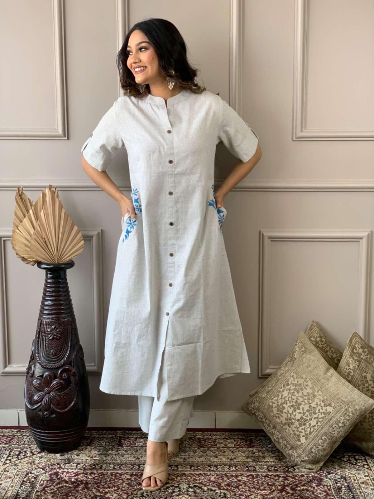AshLova Women's Cotton Embroiderd Long A-Line Kurti with Palazzo