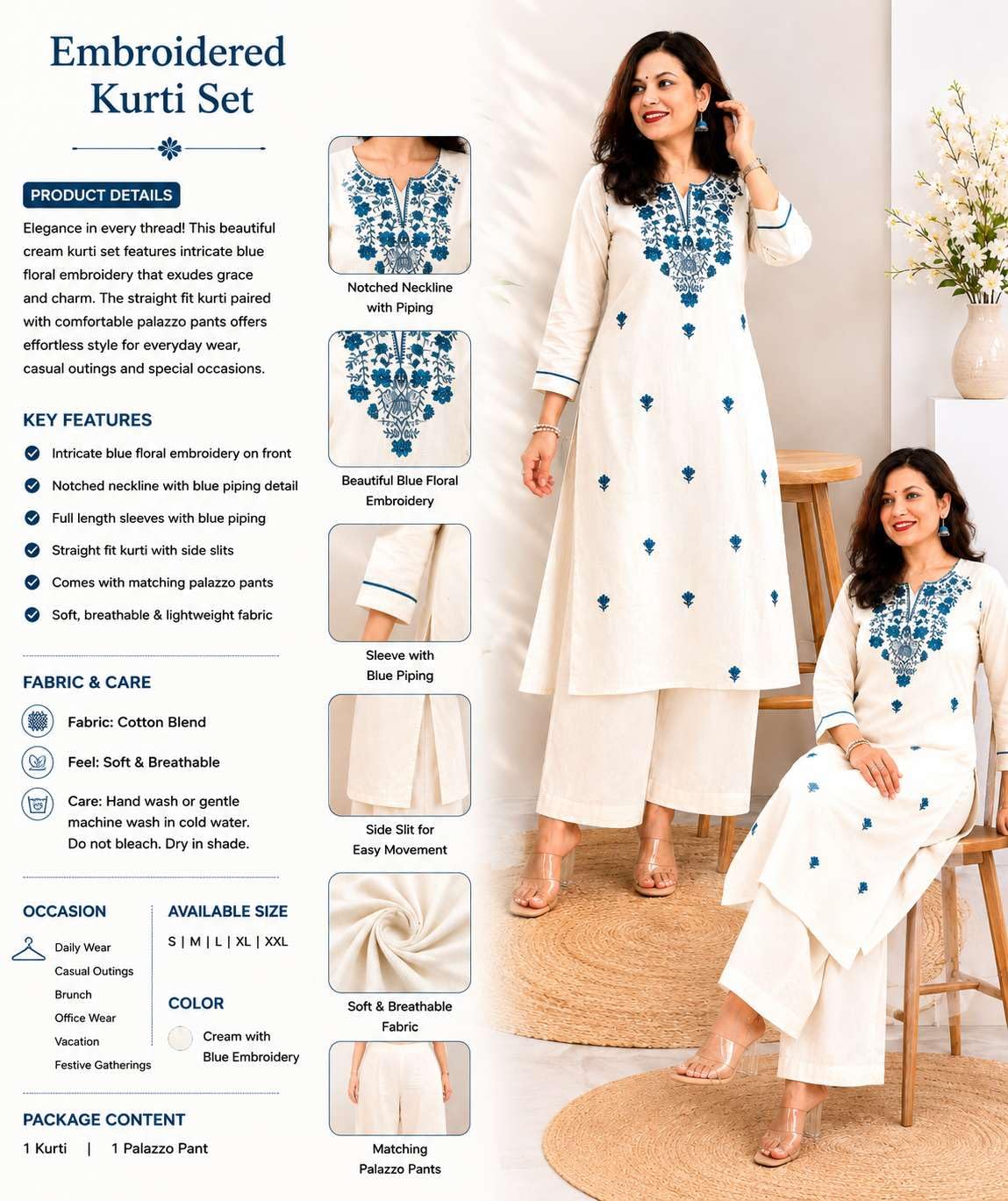AshLova Women's Cotton Solid Flared Straight kurti with Pant
