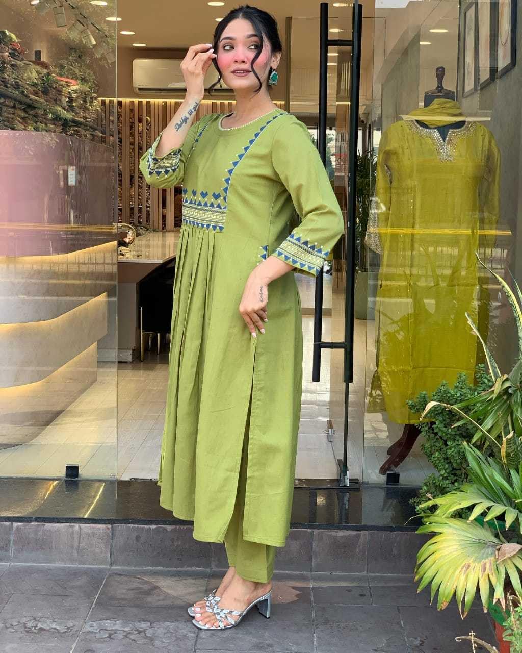 AshLova Women's Rayon Embroidered A-Line Kurti with Pant Set