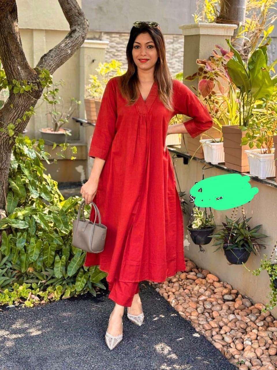 AshLova Women's Cotton Plain Coard Set A-Line Straight Kurti with Pant