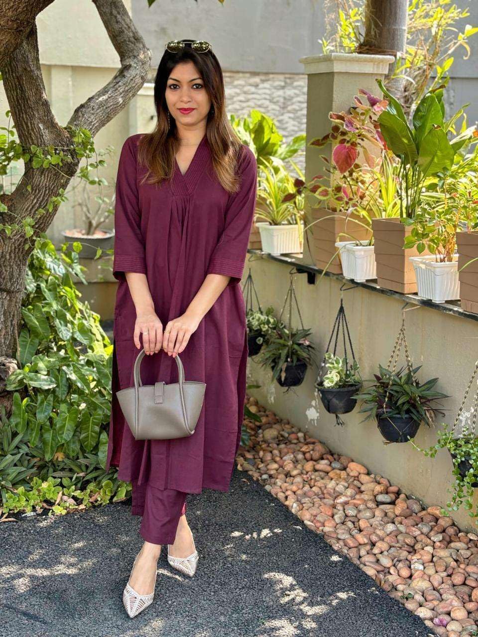 AshLova Women's Cotton Plain Coard Set A-Line Straight Kurti with Pant