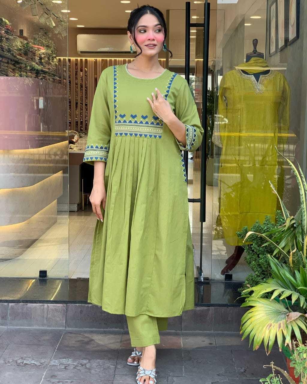 AshLova Women's Rayon Embroidered A-Line Kurti with Pant Set