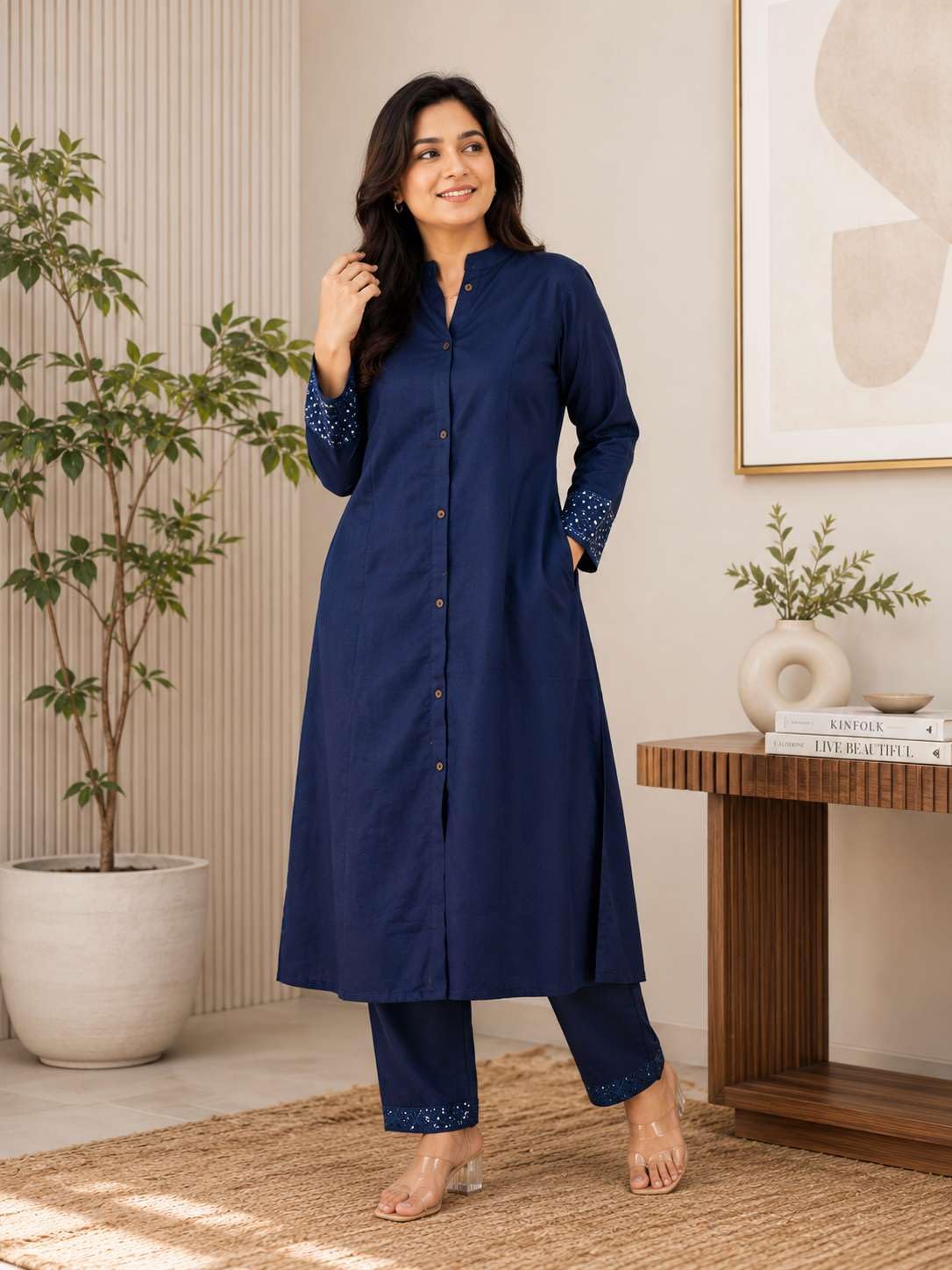 AshLova Women's Cotton Solid Flared Straight kurti with Pant