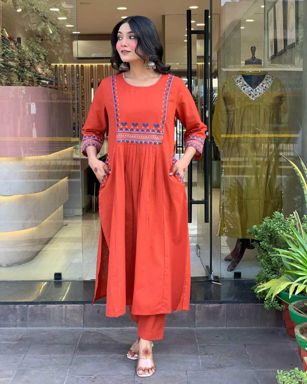AshLova Women's Rayon Embroidered A-Line Kurti with Pant Set