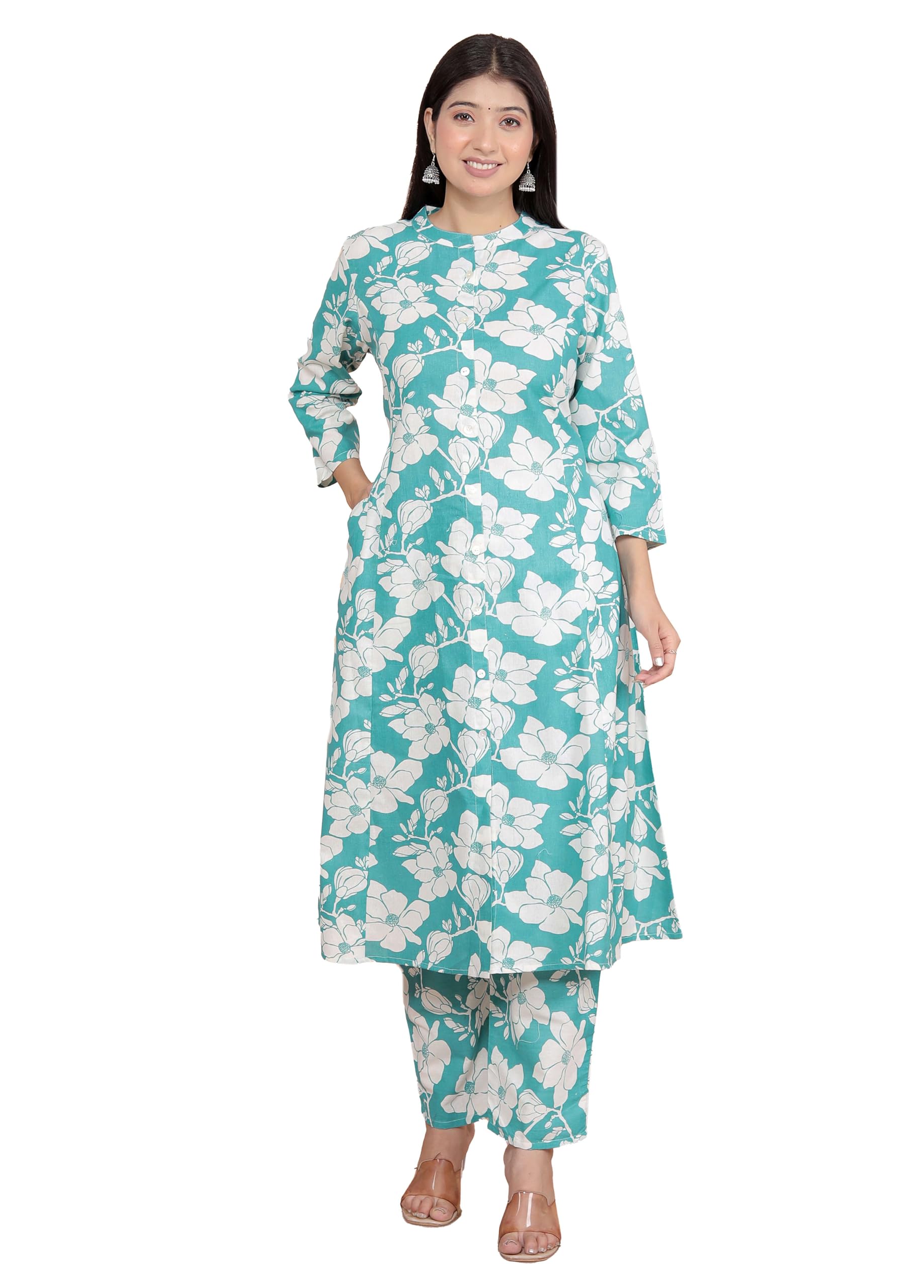 AshLova Women's Cotton Floral Printed Mandarin Collar A-Line Kurti with Pant (Sky Blue)