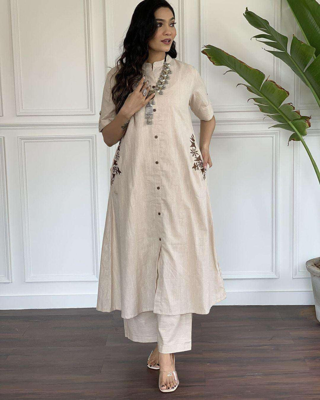 AshLova Women's Cotton Embroiderd Long A-Line Kurti with Palazzo