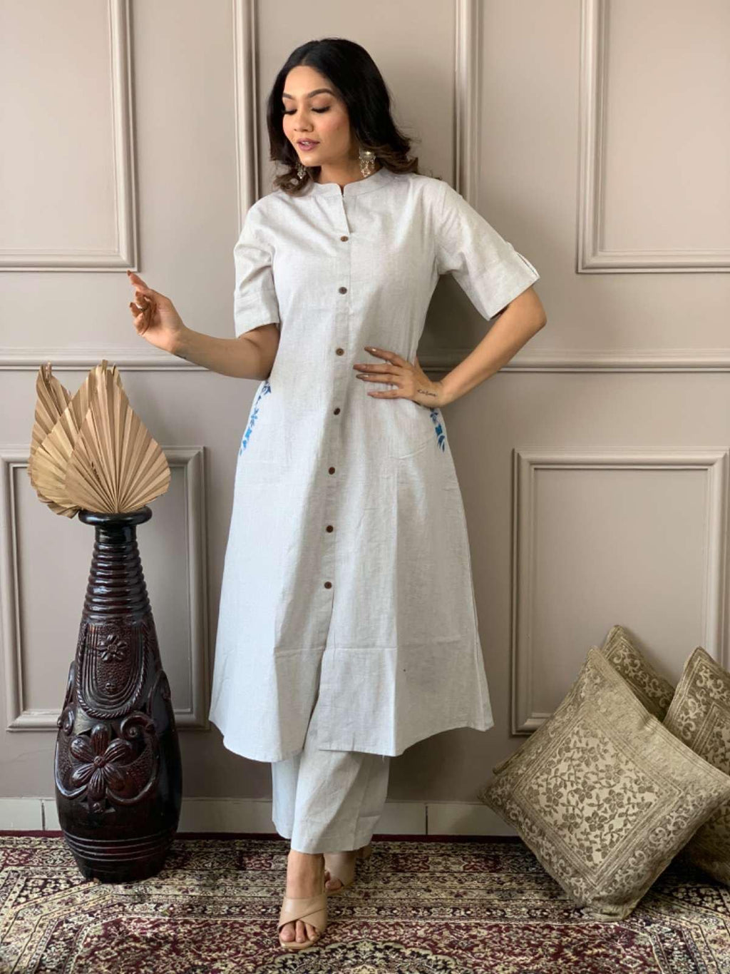 AshLova Women's Cotton Embroiderd Long A-Line Kurti with Palazzo