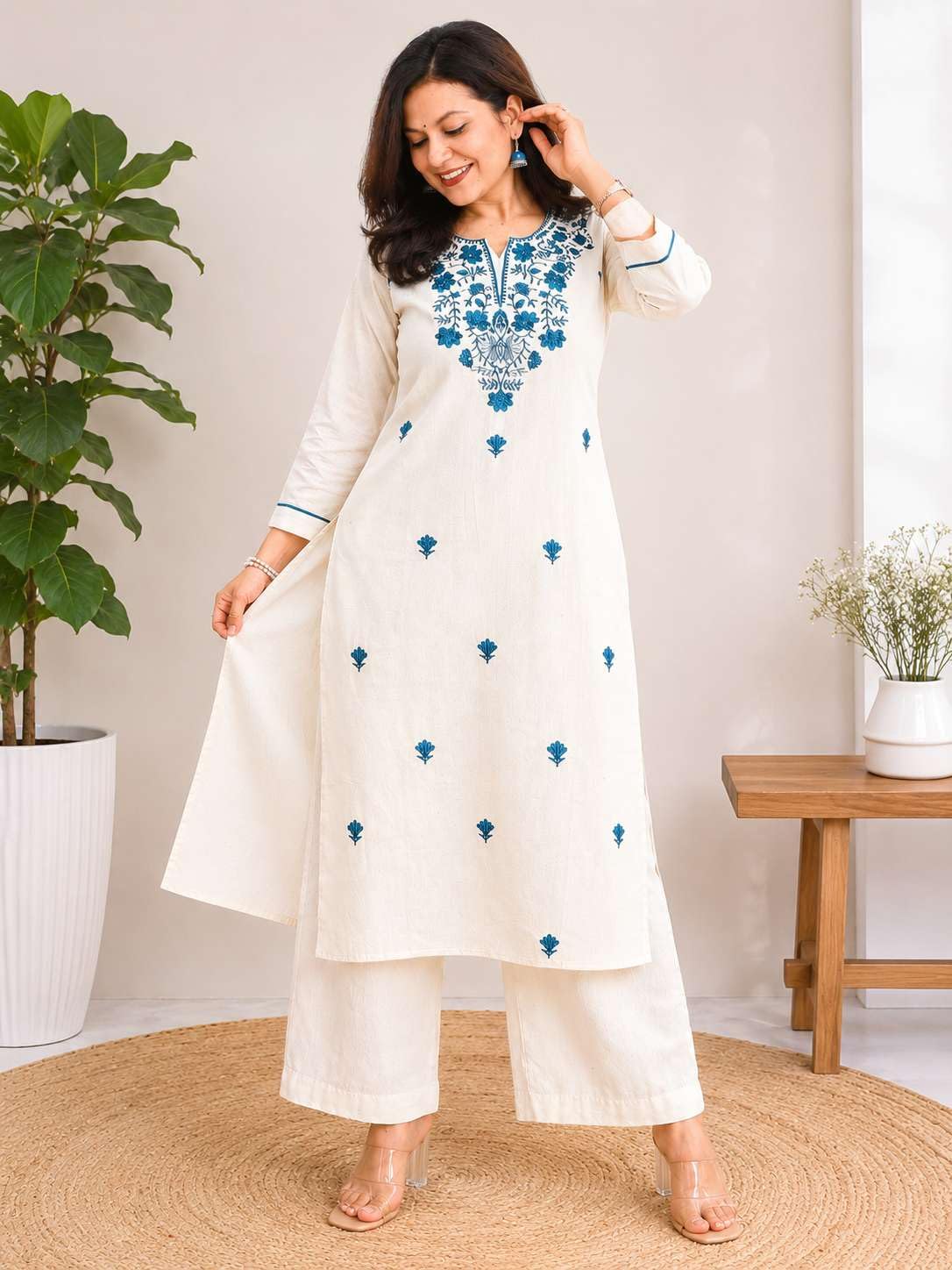 AshLova Women's Cotton Solid Flared Straight kurti with Pant