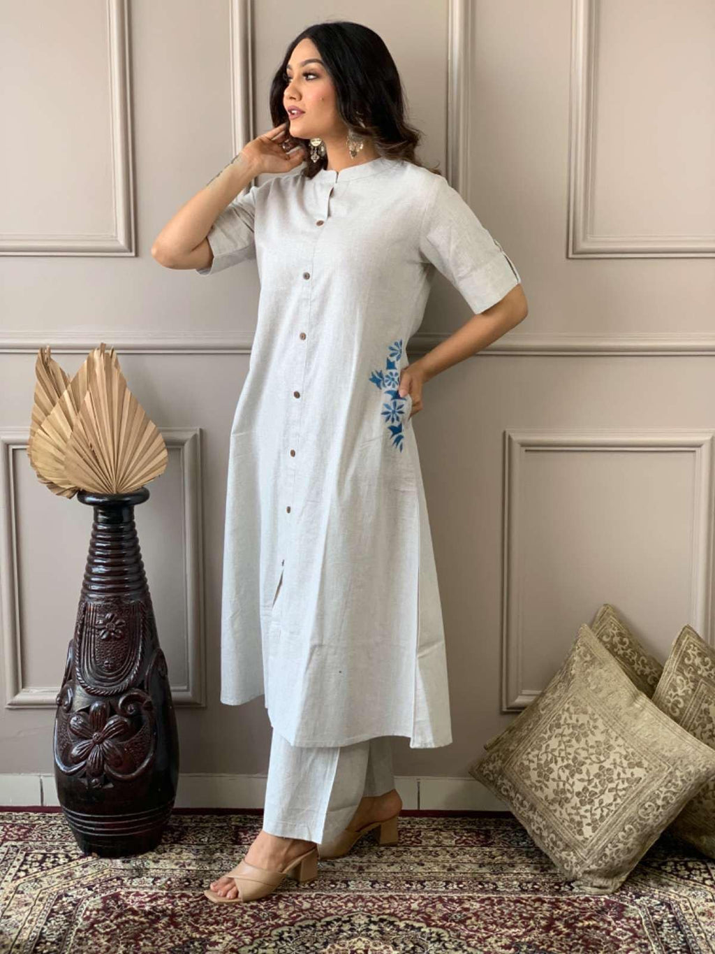 AshLova Women's Cotton Embroiderd Long A-Line Kurti with Palazzo