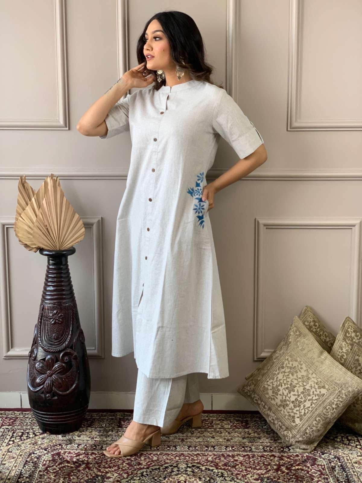 AshLova Women's Cotton Embroiderd Long A-Line Kurti with Palazzo