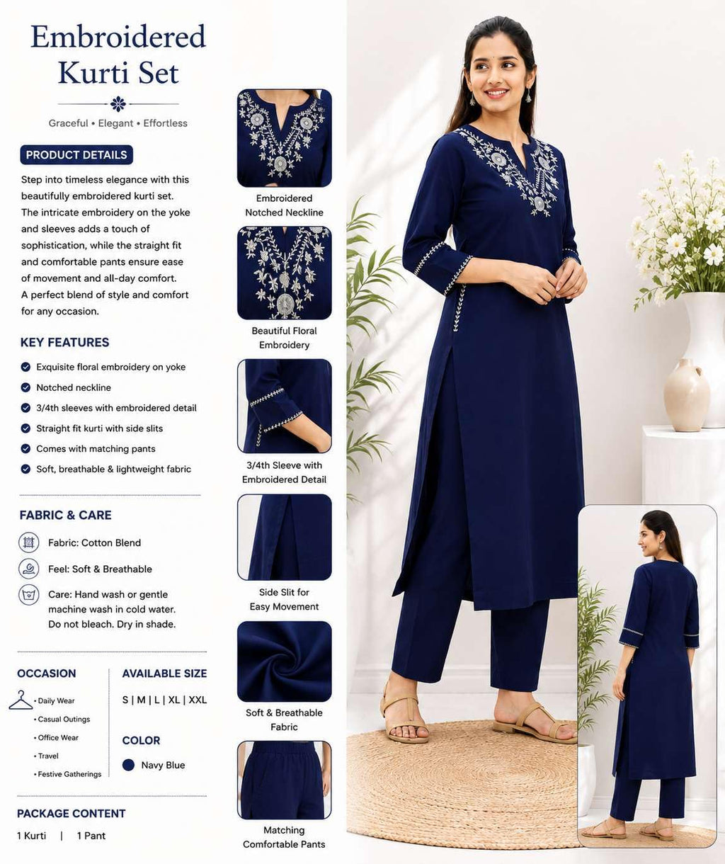 AshLova Women's Cotton Embroidered Straight Kurti With Pant