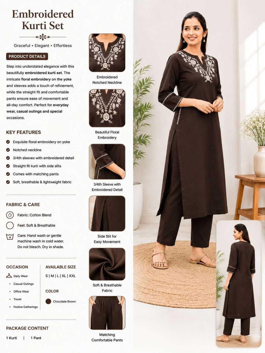 AshLova Women's Cotton Embroidered Straight Kurti With Pant