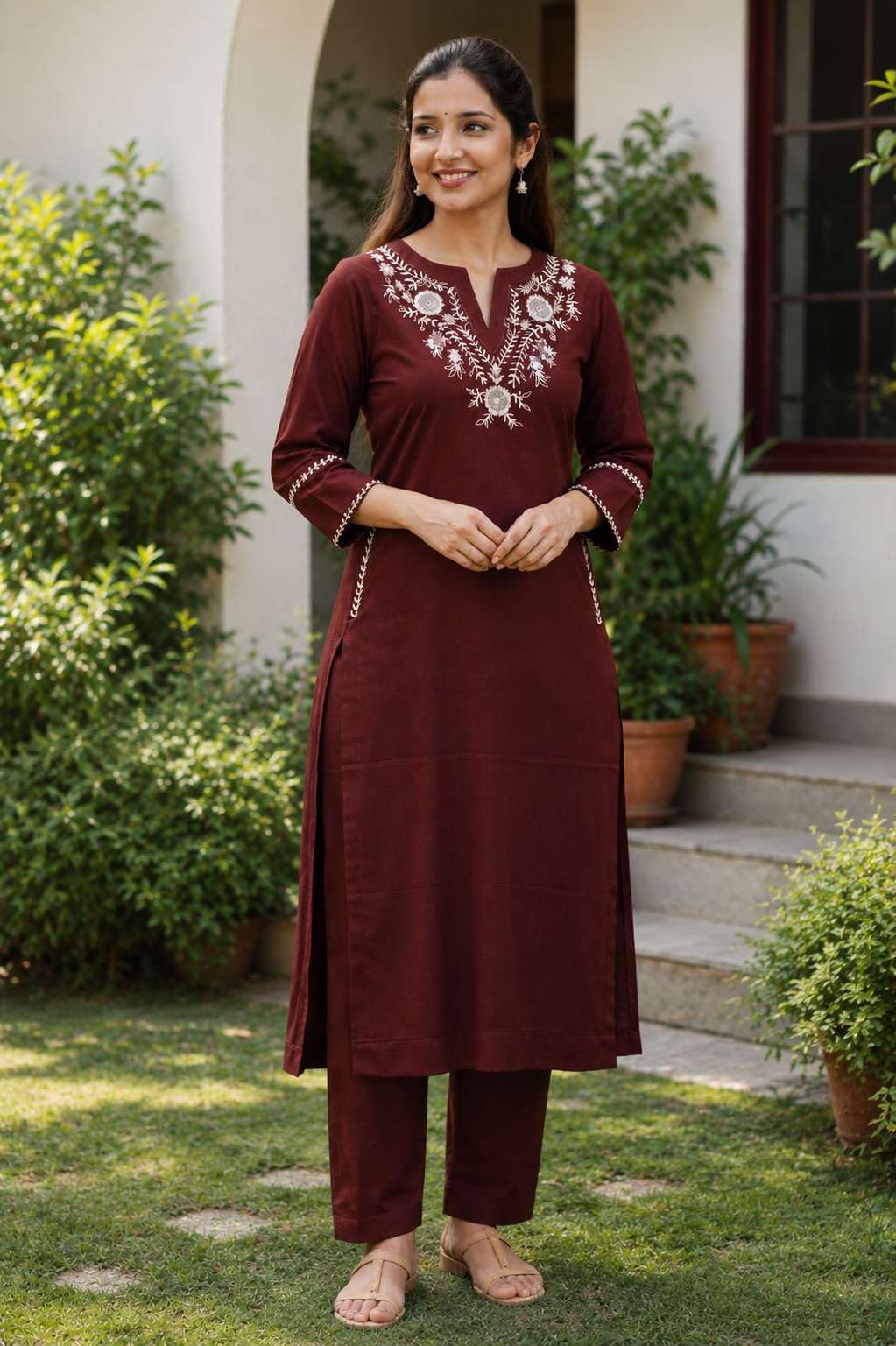 AshLova Women's Cotton Embroidered Straight Kurti With Pant