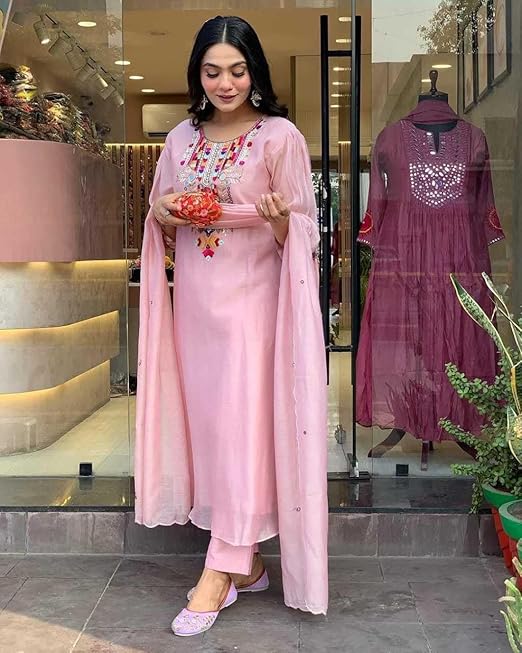 Women's Cotton Mirror Work Embroidered Straight Kurti with Pant and Dupatta Set