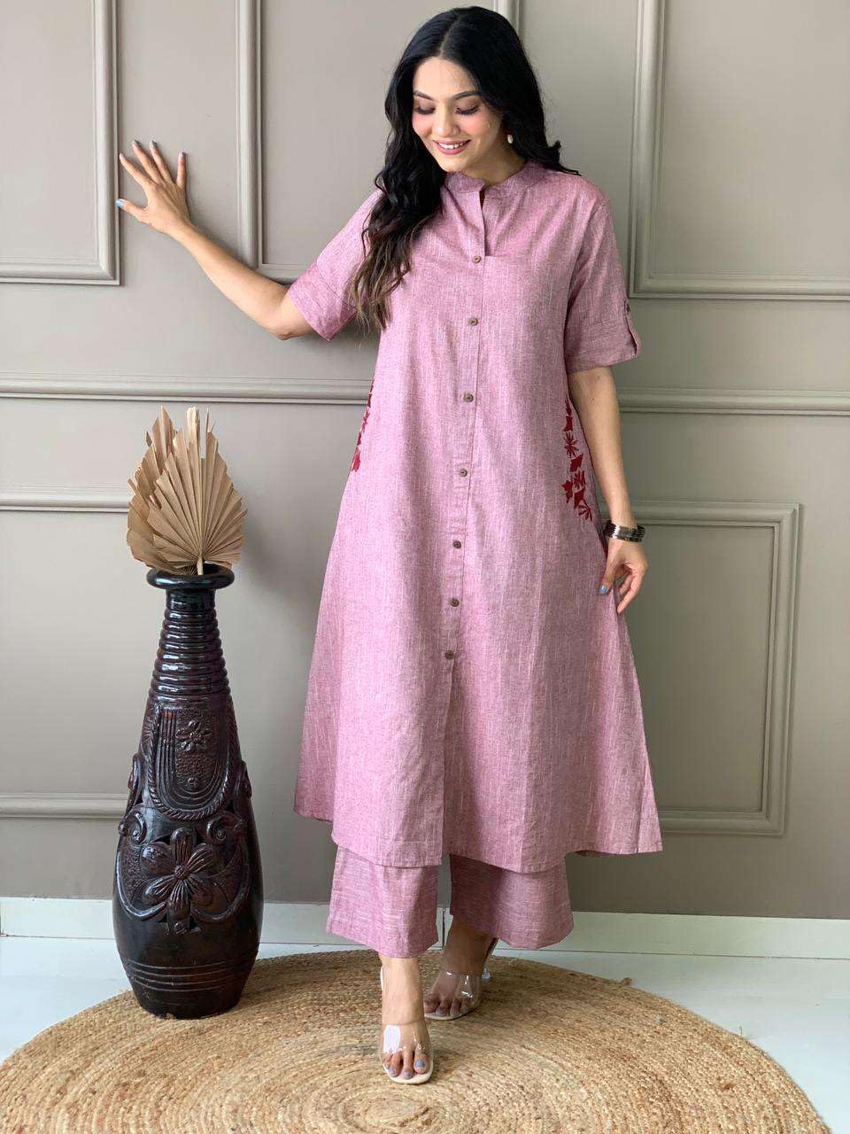 AshLova Women's Cotton Embroiderd Long A-Line Kurti with Palazzo