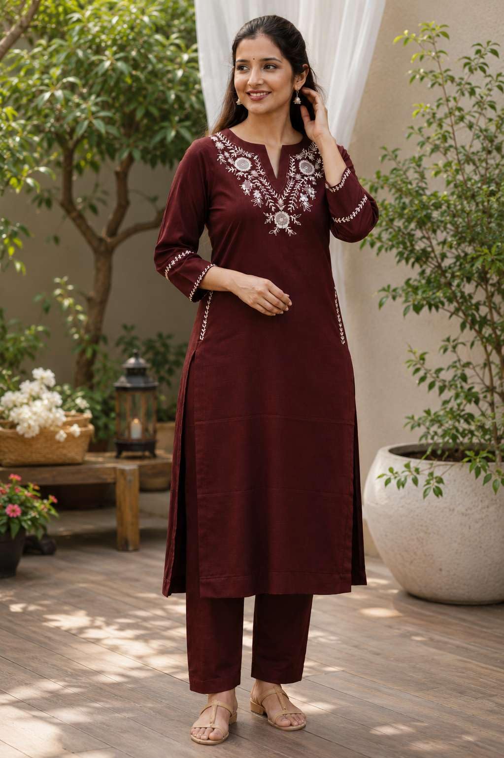 AshLova Women's Cotton Embroidered Straight Kurti With Pant