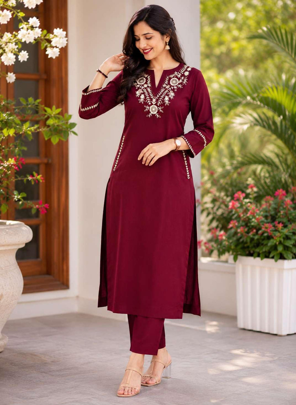 AshLova Women's Cotton Embroidered Straight Kurti With Pant
