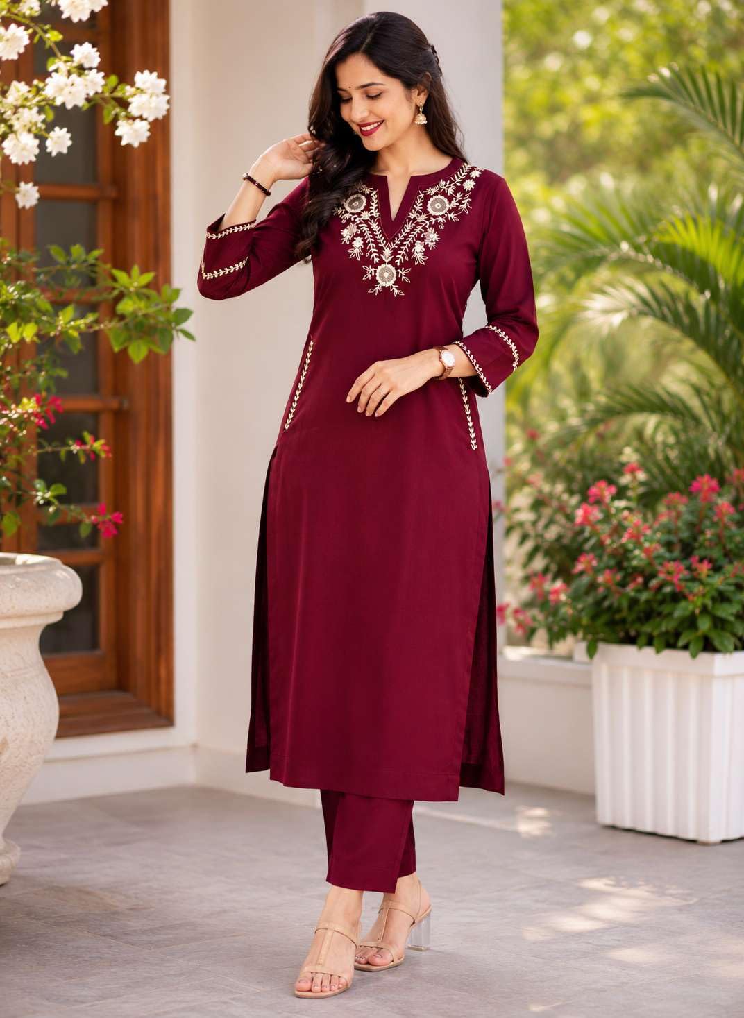 AshLova Women's Cotton Embroidered Straight Kurti With Pant