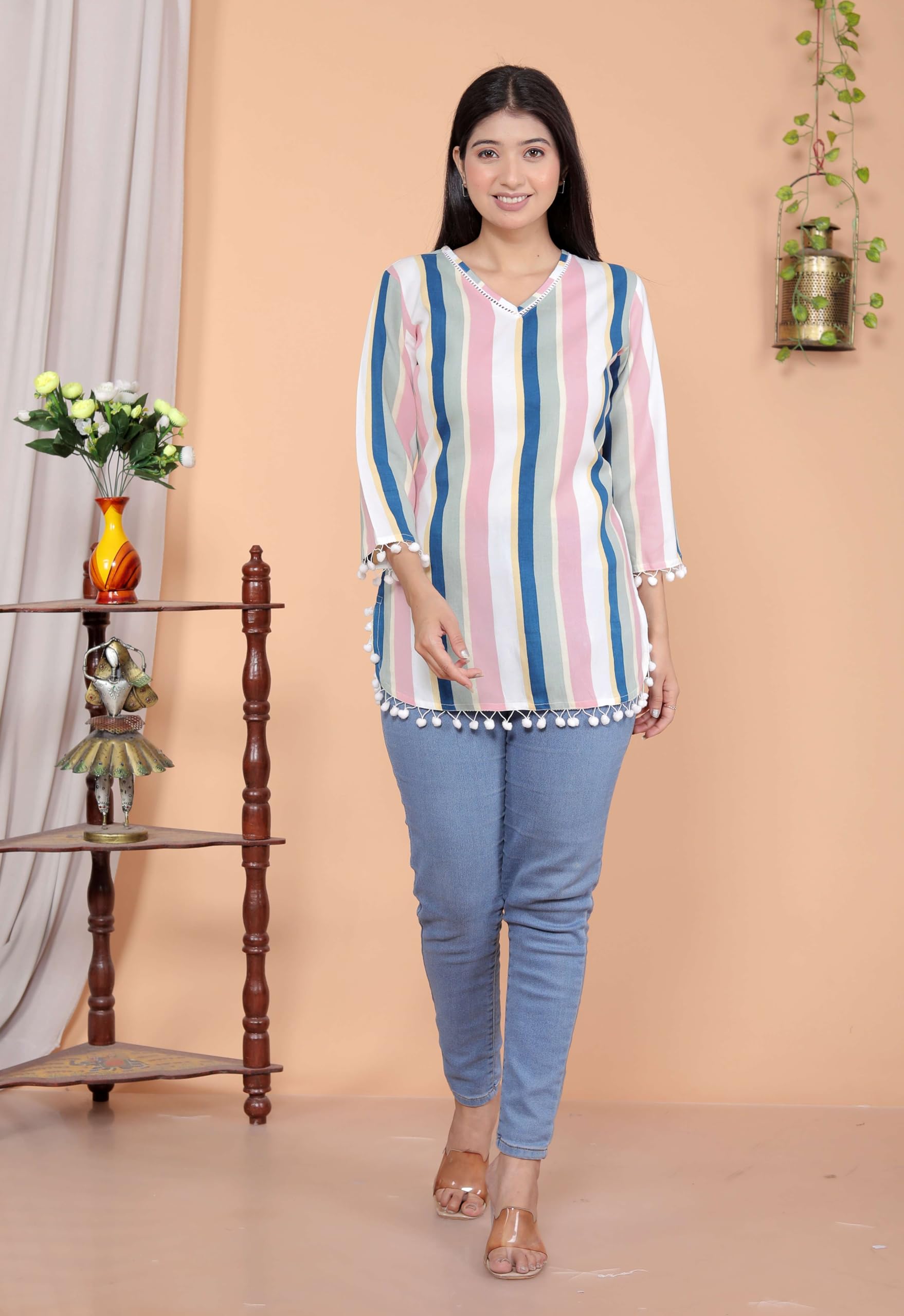 AshLova Printed Straight A line 3/4th Sleeves Kurti Perfect for Casual, Formal, and Ethnic Wear (White Pink)