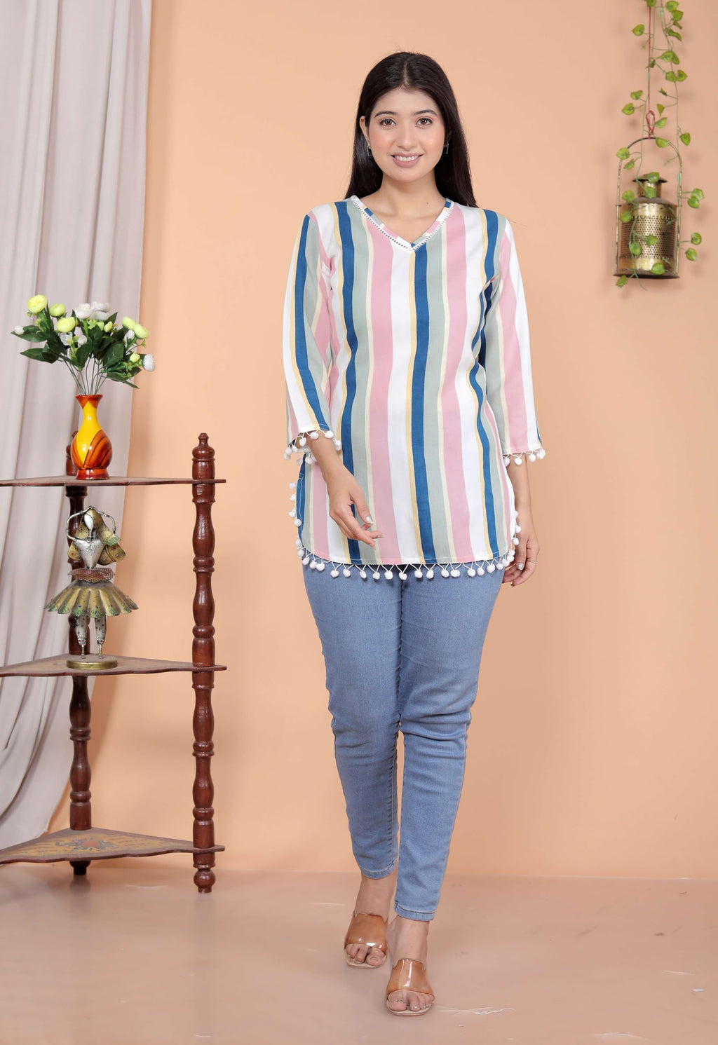 AshLova Printed Straight A line 3/4th Sleeves Kurti Perfect for Casual, Formal, and Ethnic Wear (White Pink)