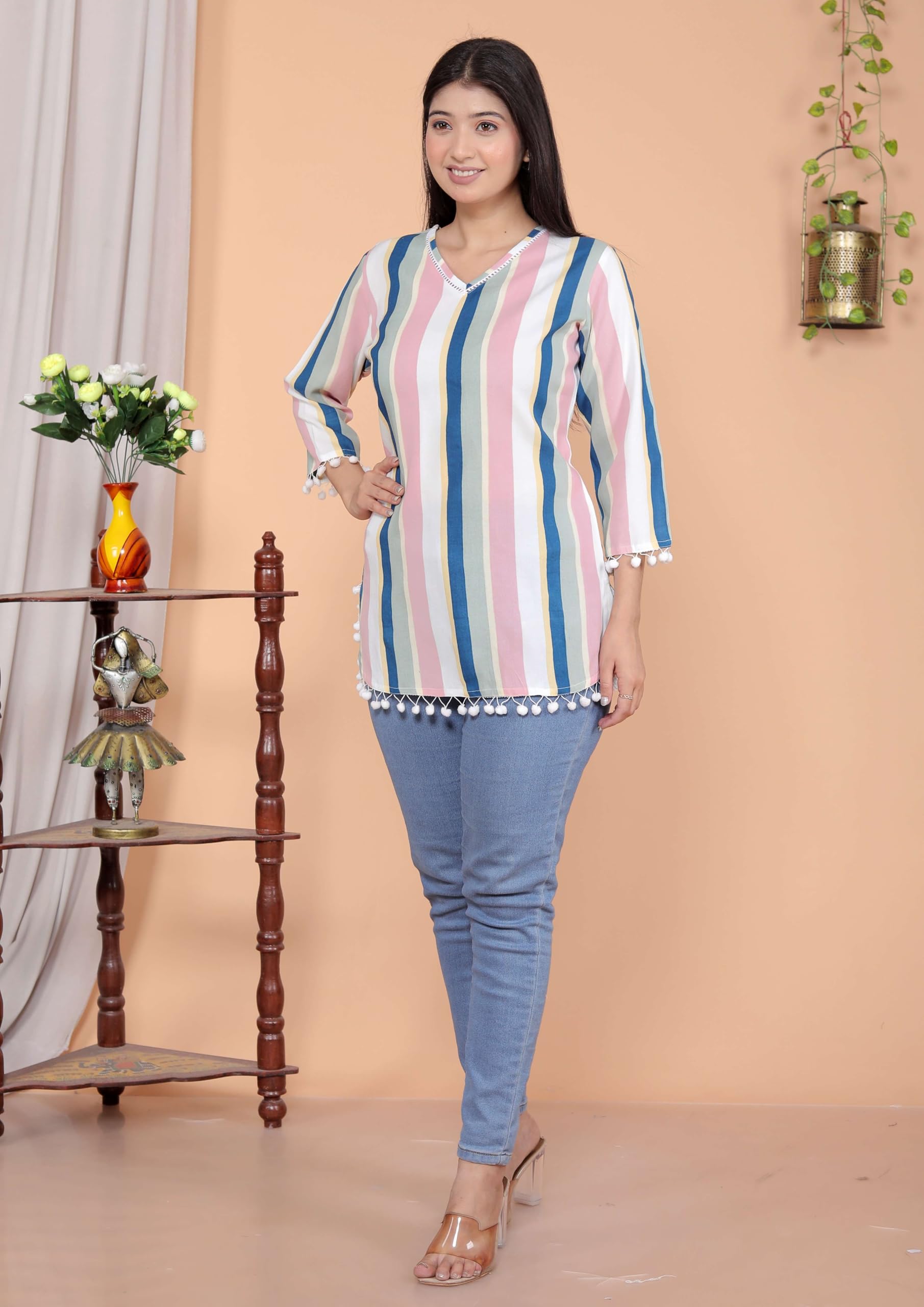 AshLova Printed Straight A line 3/4th Sleeves Kurti Perfect for Casual, Formal, and Ethnic Wear (White Pink)