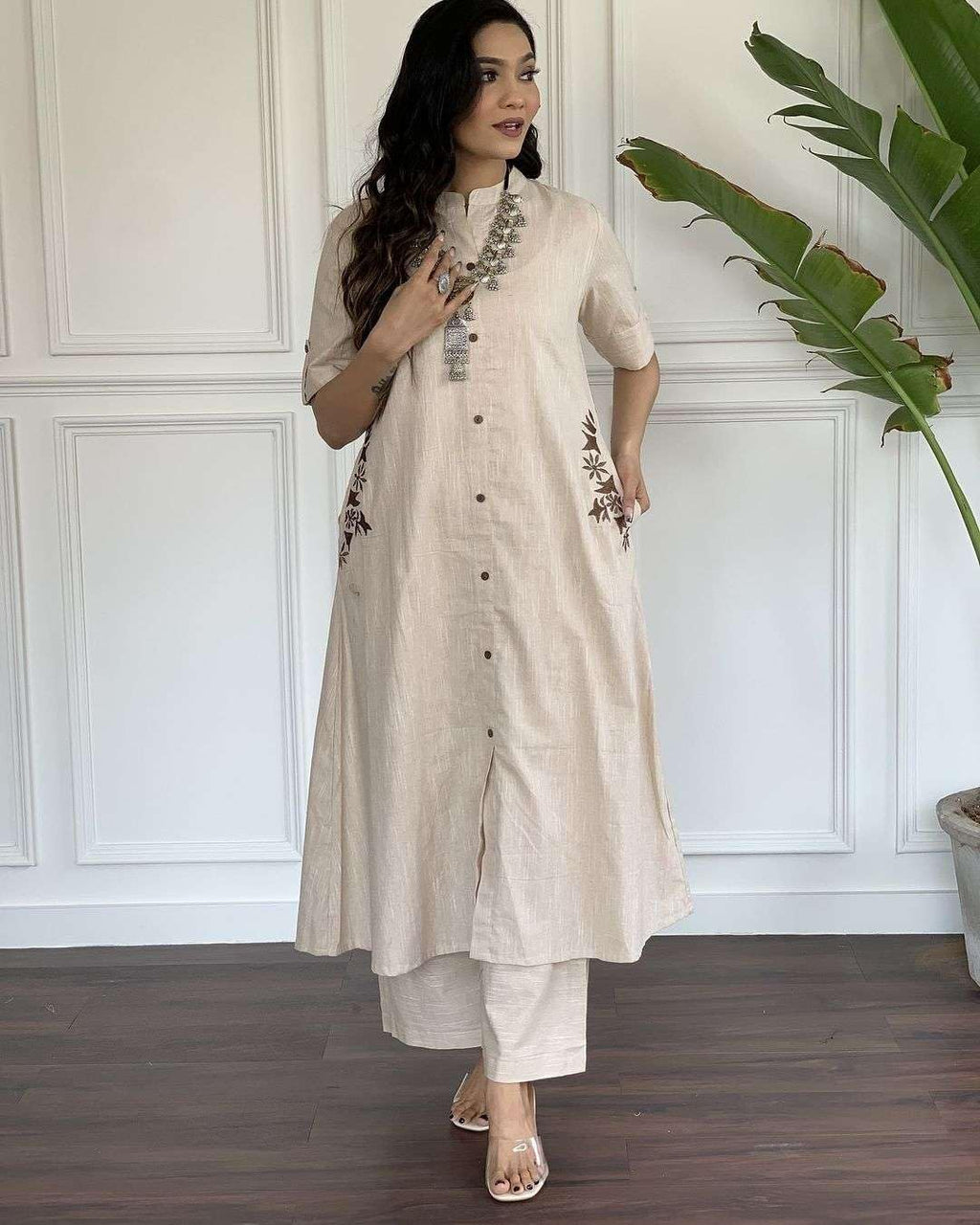 AshLova Women's Cotton Embroiderd Long A-Line Kurti with Palazzo