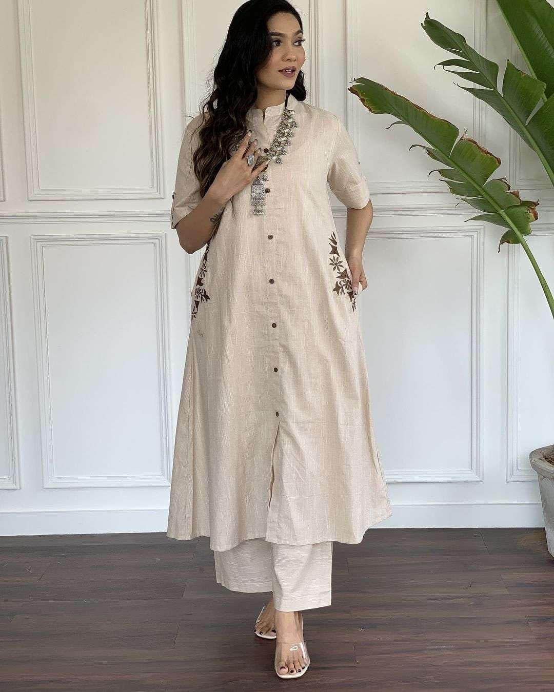 AshLova Women's Cotton Embroiderd Long A-Line Kurti with Palazzo