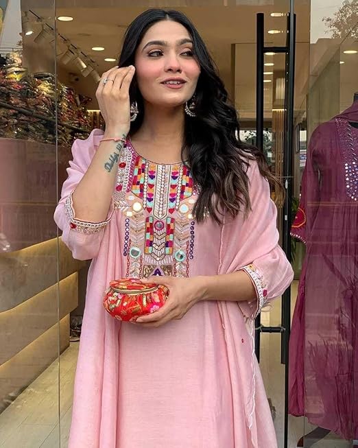 Women's Cotton Mirror Work Embroidered Straight Kurti with Pant and Dupatta Set