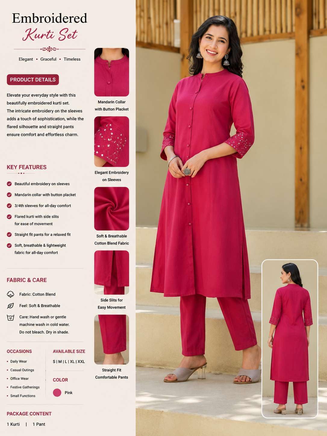 AshLova Women's Cotton Solid Flared Straight kurti with Pant