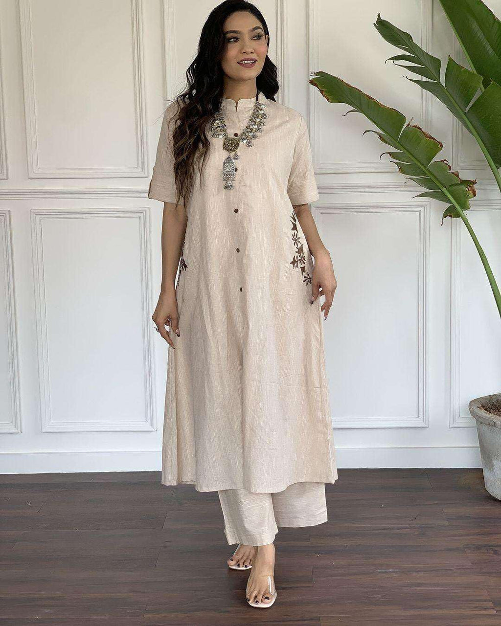 AshLova Women's Cotton Embroiderd Long A-Line Kurti with Palazzo