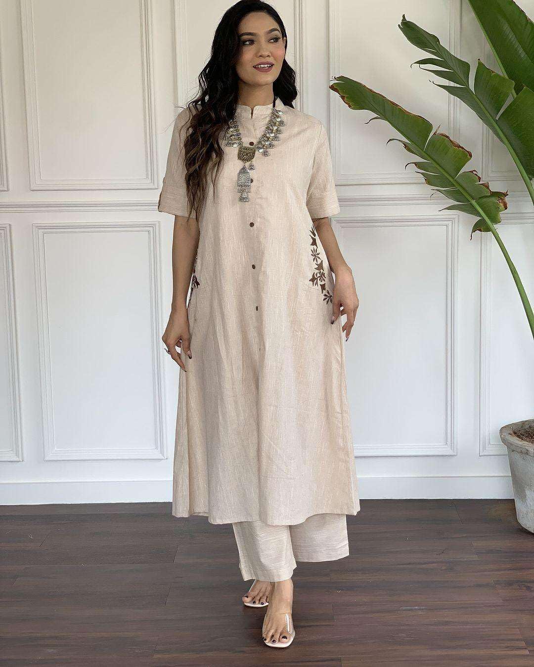 AshLova Women's Cotton Embroiderd Long A-Line Kurti with Palazzo