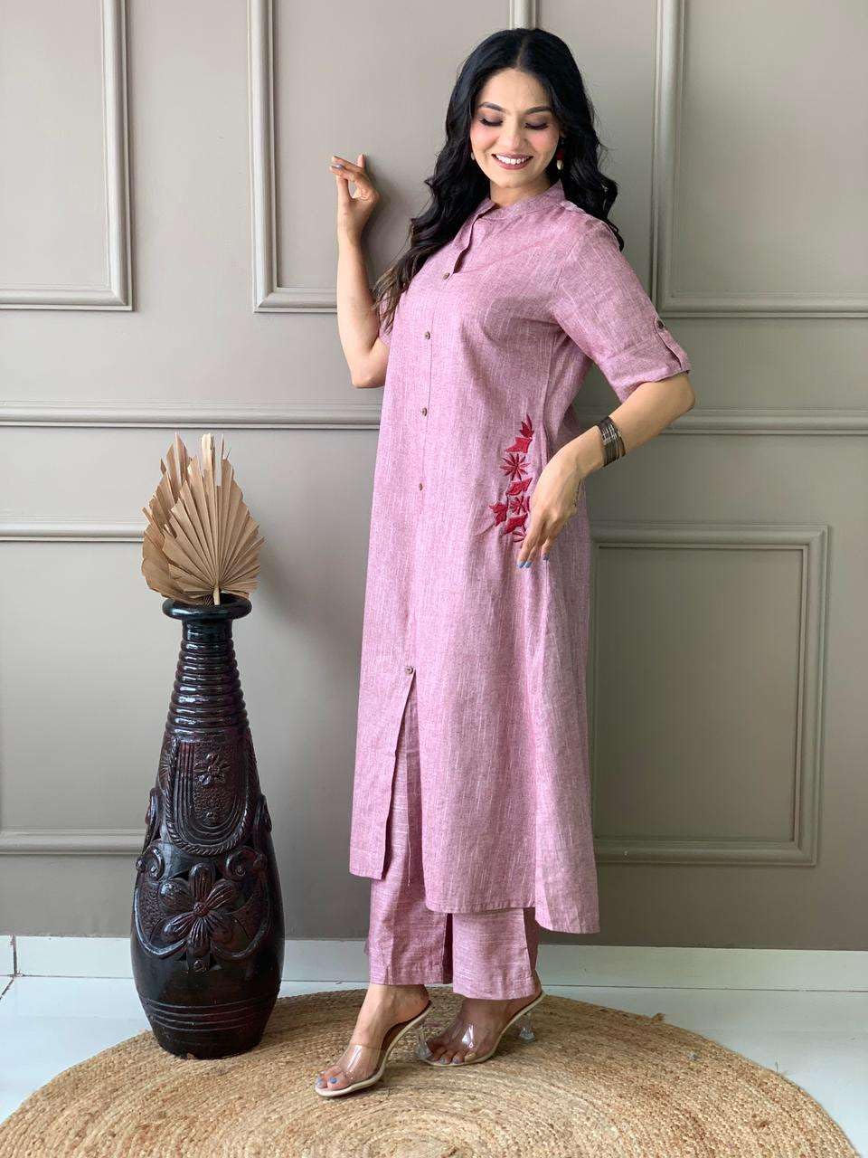 AshLova Women's Cotton Embroiderd Long A-Line Kurti with Palazzo