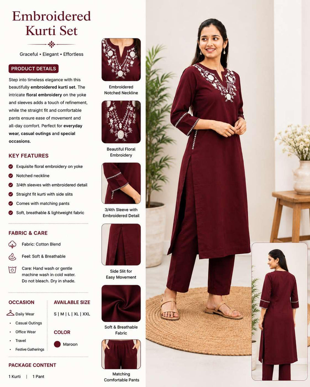 AshLova Women's Cotton Embroidered Straight Kurti With Pant
