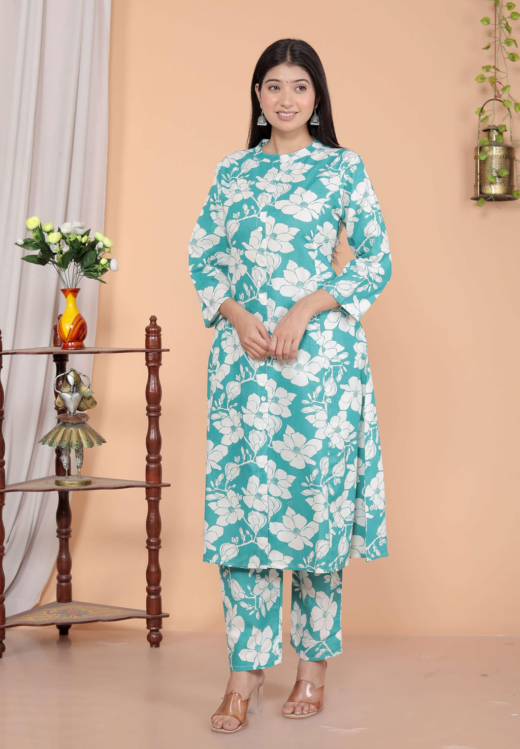 AshLova Women's Cotton Floral Printed Mandarin Collar A-Line Kurti with Pant (Sky Blue)
