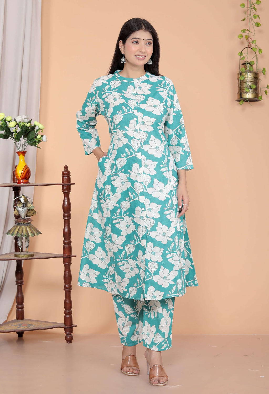 AshLova Women's Cotton Floral Printed Mandarin Collar A-Line Kurti with Pant (Sky Blue)