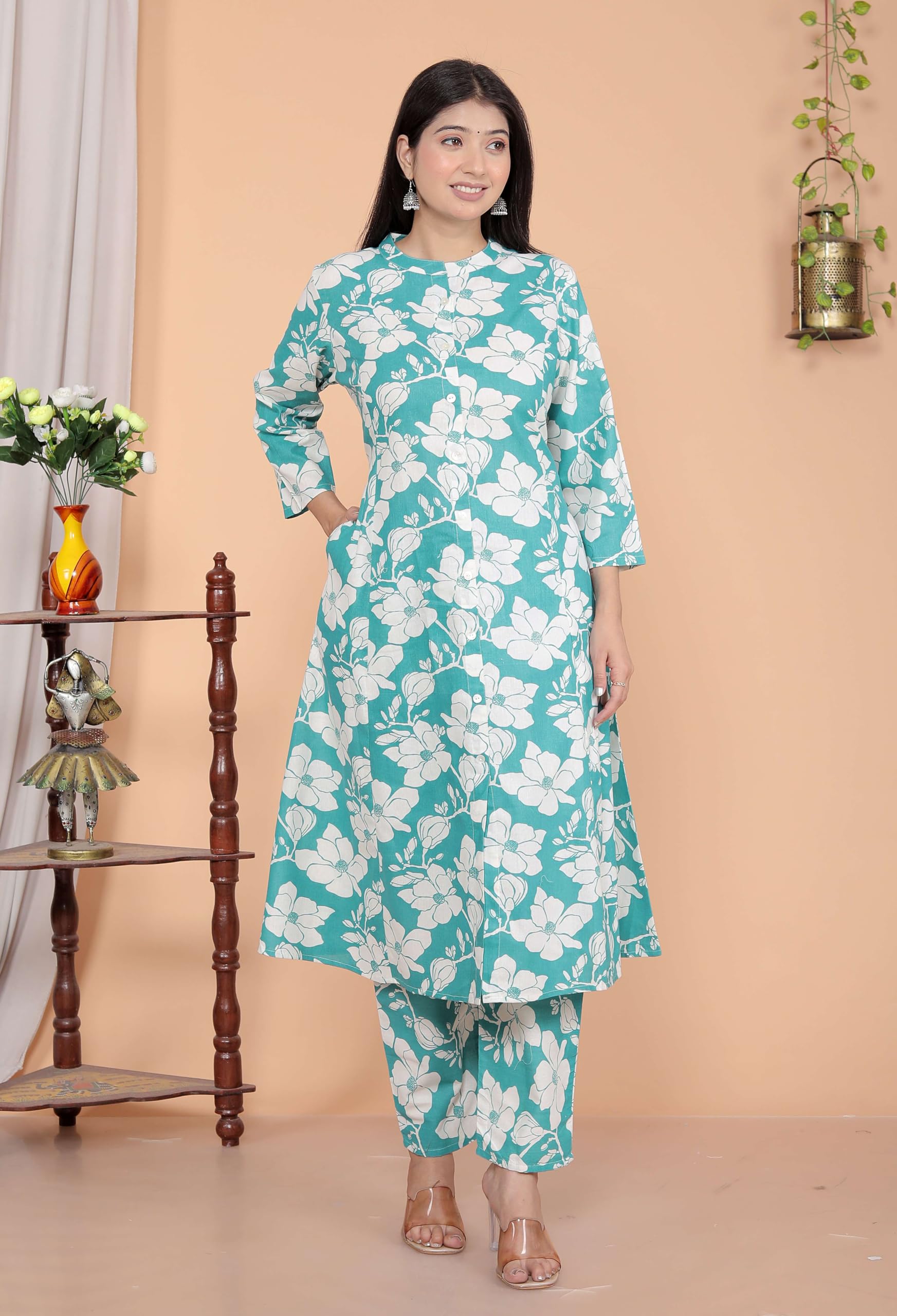 AshLova Women's Cotton Floral Printed Mandarin Collar A-Line Kurti with Pant (Sky Blue)