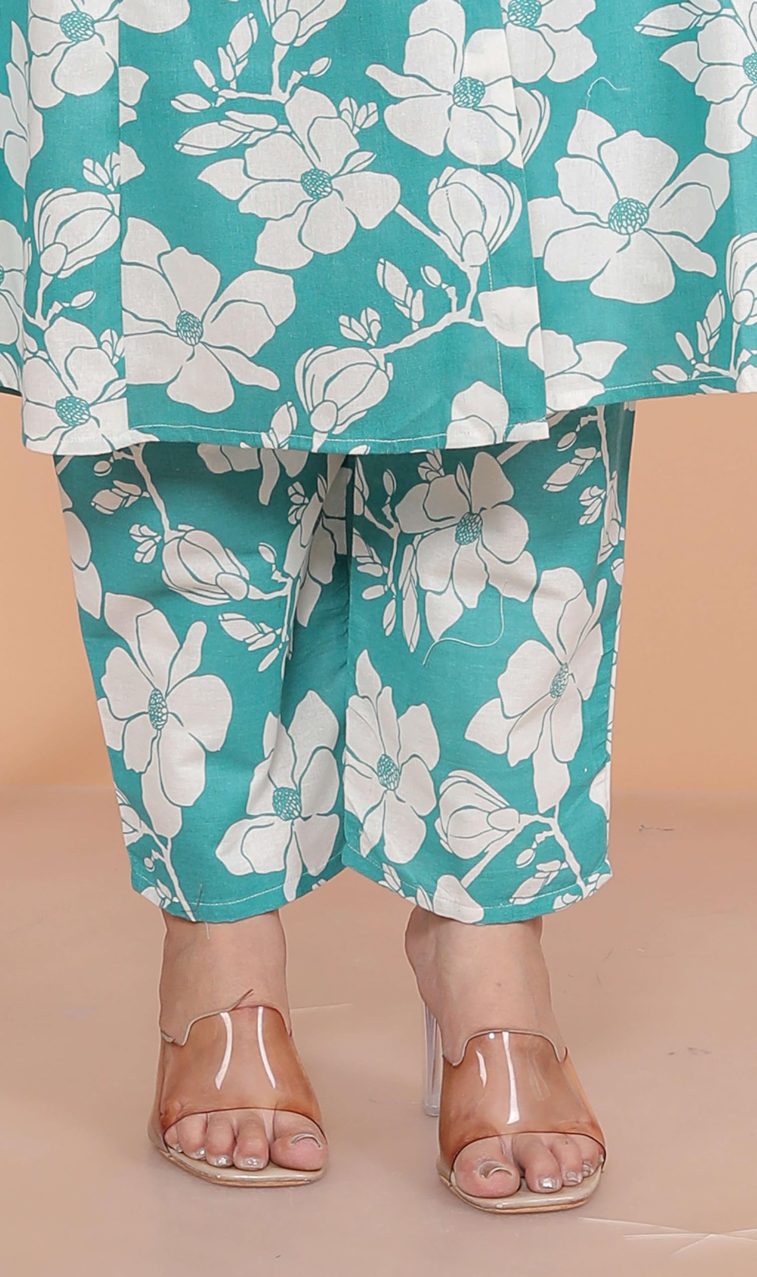 AshLova Women's Cotton Floral Printed Mandarin Collar A-Line Kurti with Pant (Sky Blue)