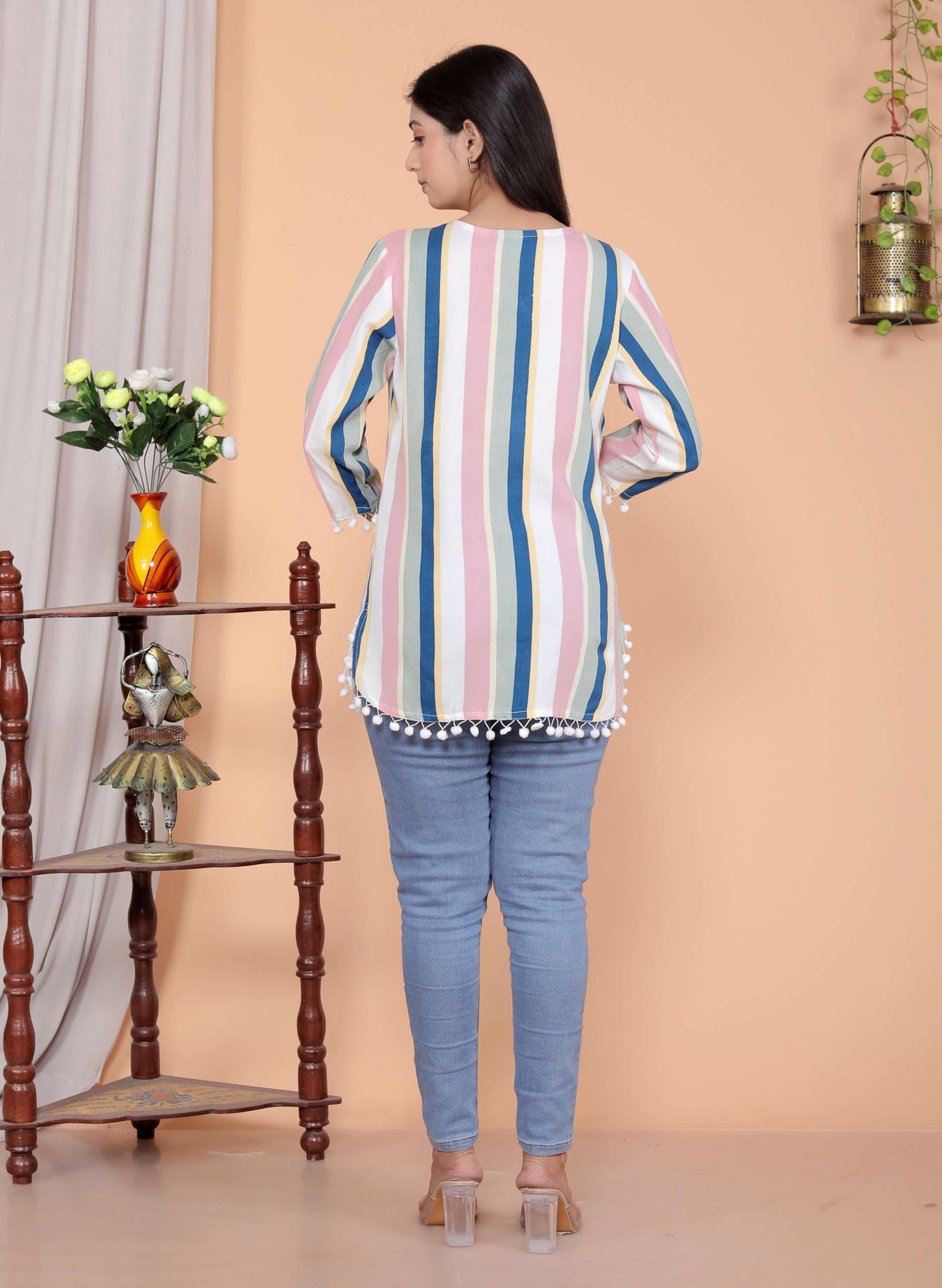 AshLova Printed Straight A line 3/4th Sleeves Kurti Perfect for Casual, Formal, and Ethnic Wear (White Pink)