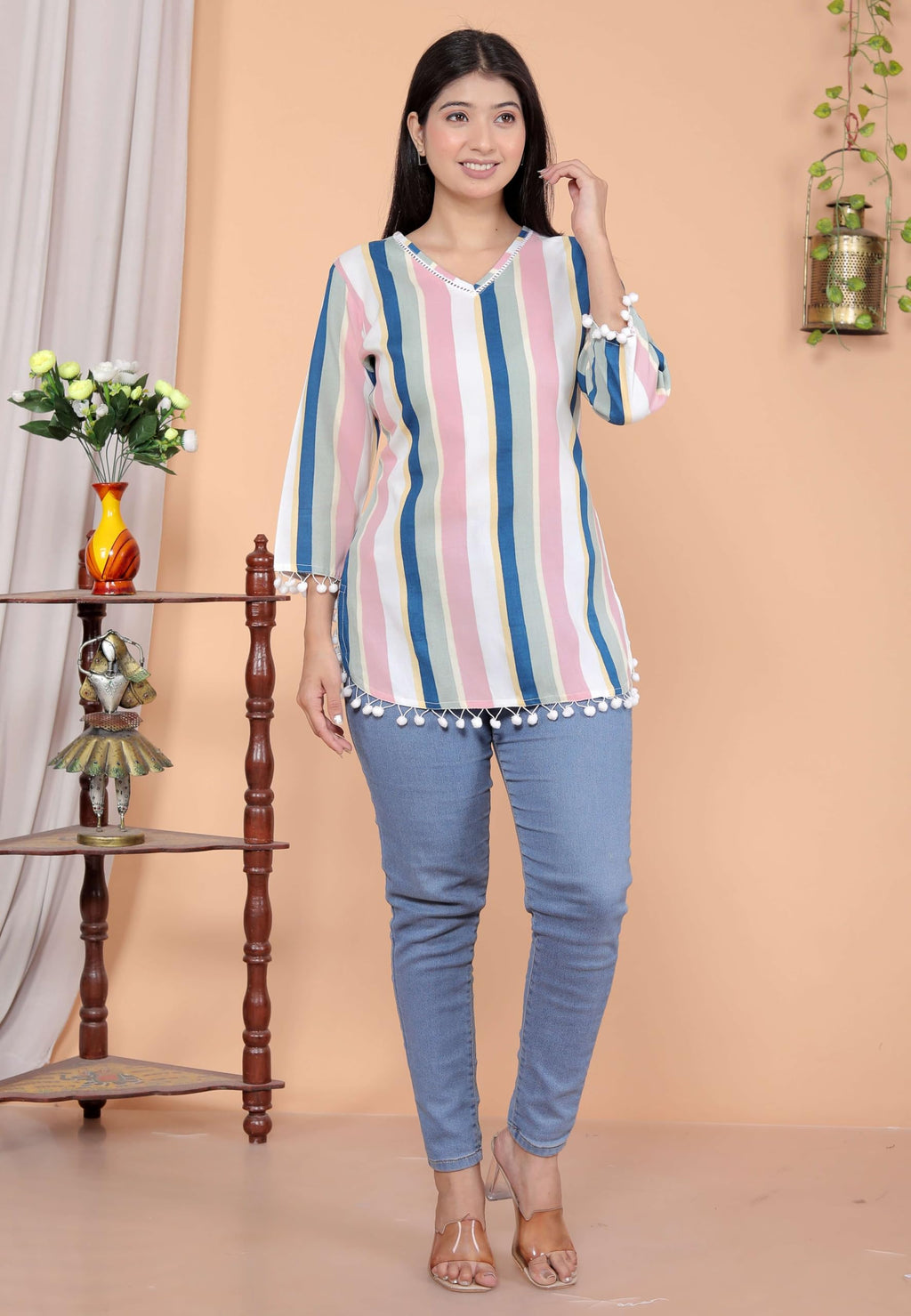 AshLova Printed Straight A line 3/4th Sleeves Kurti Perfect for Casual, Formal, and Ethnic Wear (White Pink)