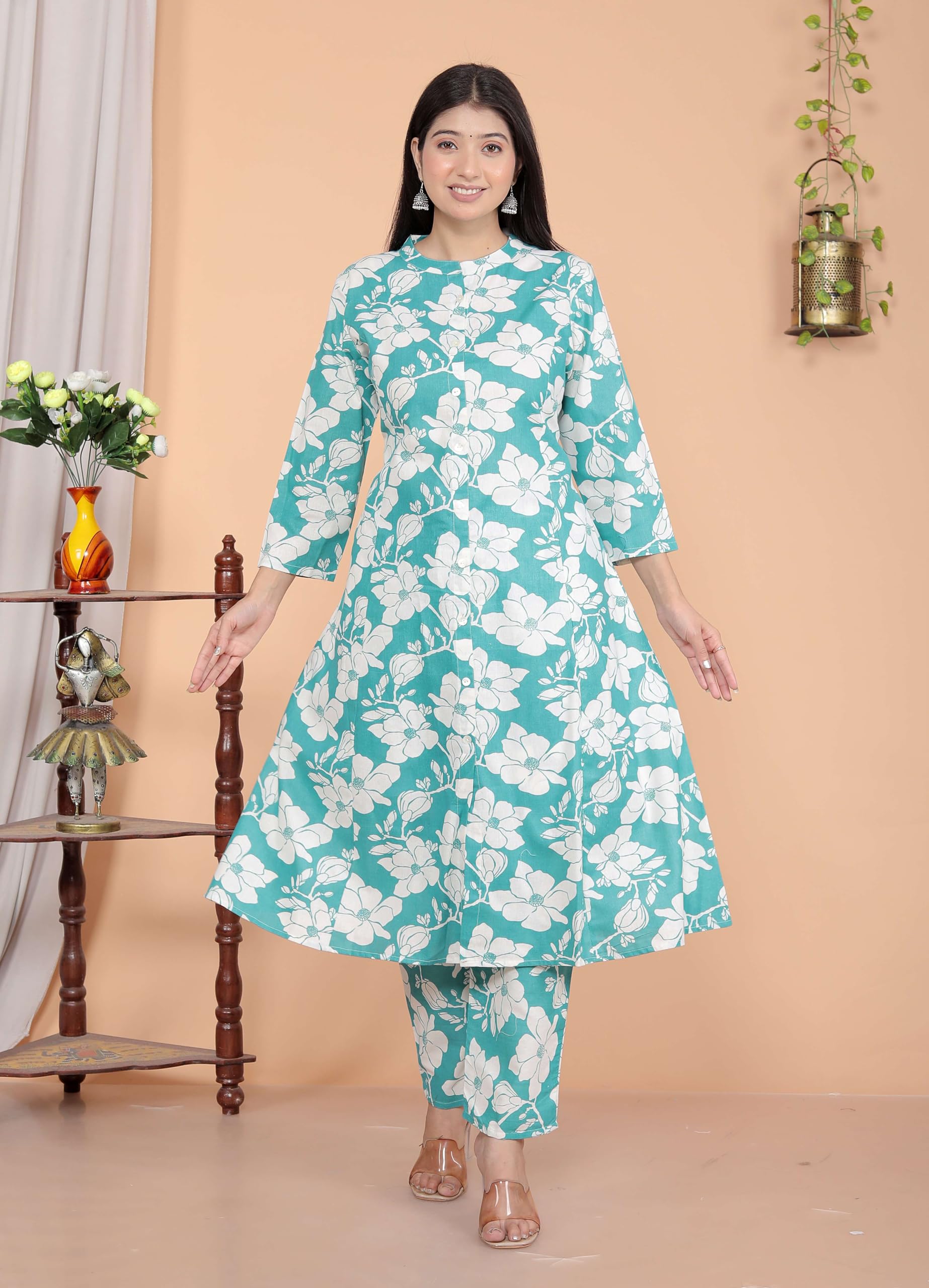 AshLova Women's Cotton Floral Printed Mandarin Collar A-Line Kurti with Pant (Sky Blue)
