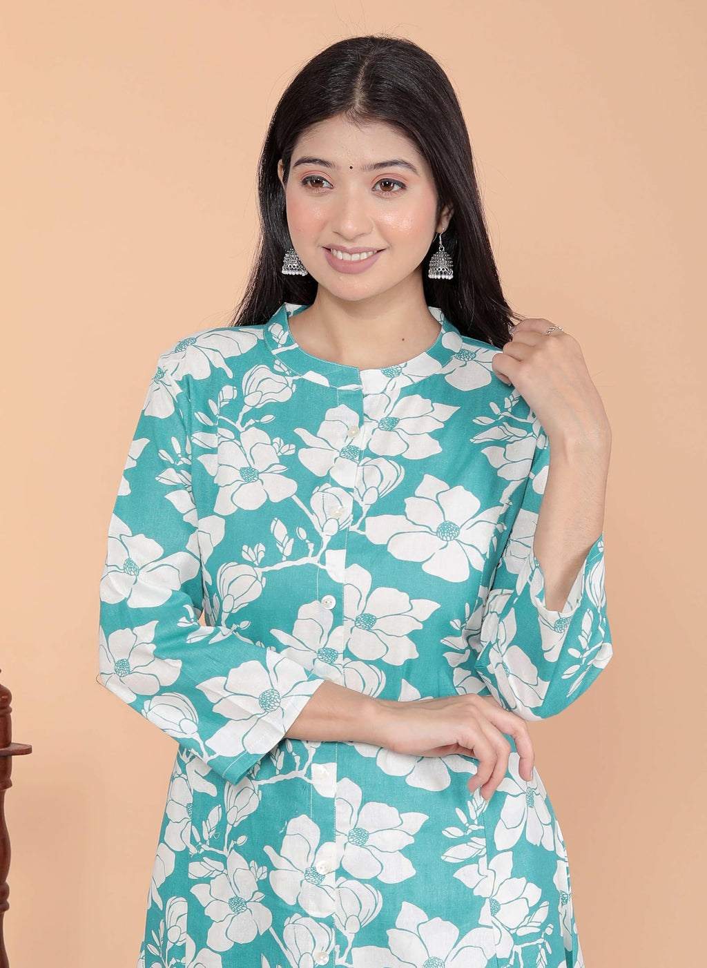 AshLova Women's Cotton Floral Printed Mandarin Collar A-Line Kurti with Pant (Sky Blue)