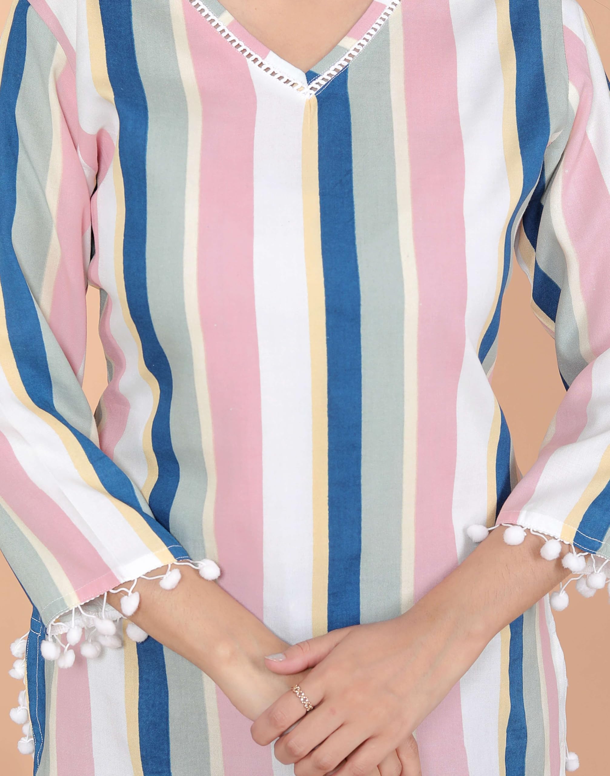 AshLova Printed Straight A line 3/4th Sleeves Kurti Perfect for Casual, Formal, and Ethnic Wear (White Pink)