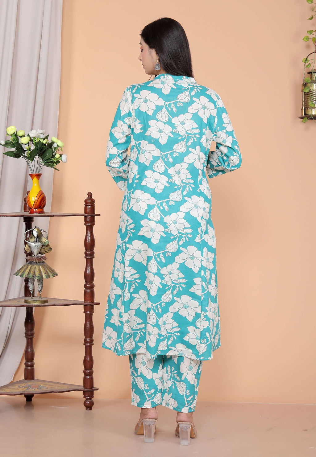 AshLova Women's Cotton Floral Printed Mandarin Collar A-Line Kurti with Pant (Sky Blue)