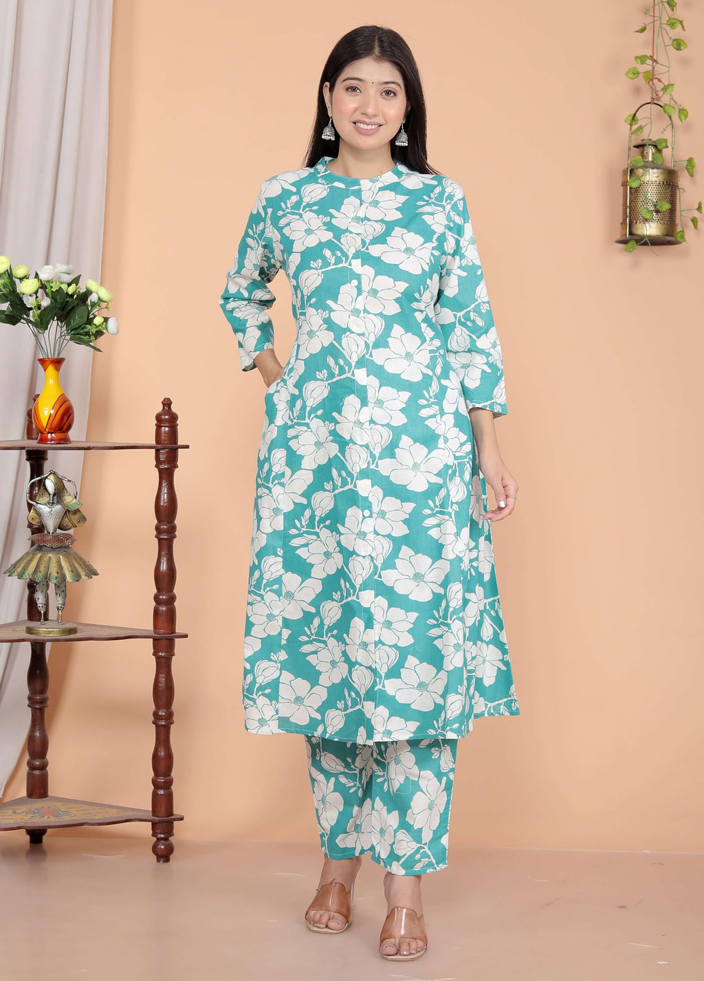 AshLova Women's Cotton Floral Printed Mandarin Collar A-Line Kurti with Pant (Sky Blue)