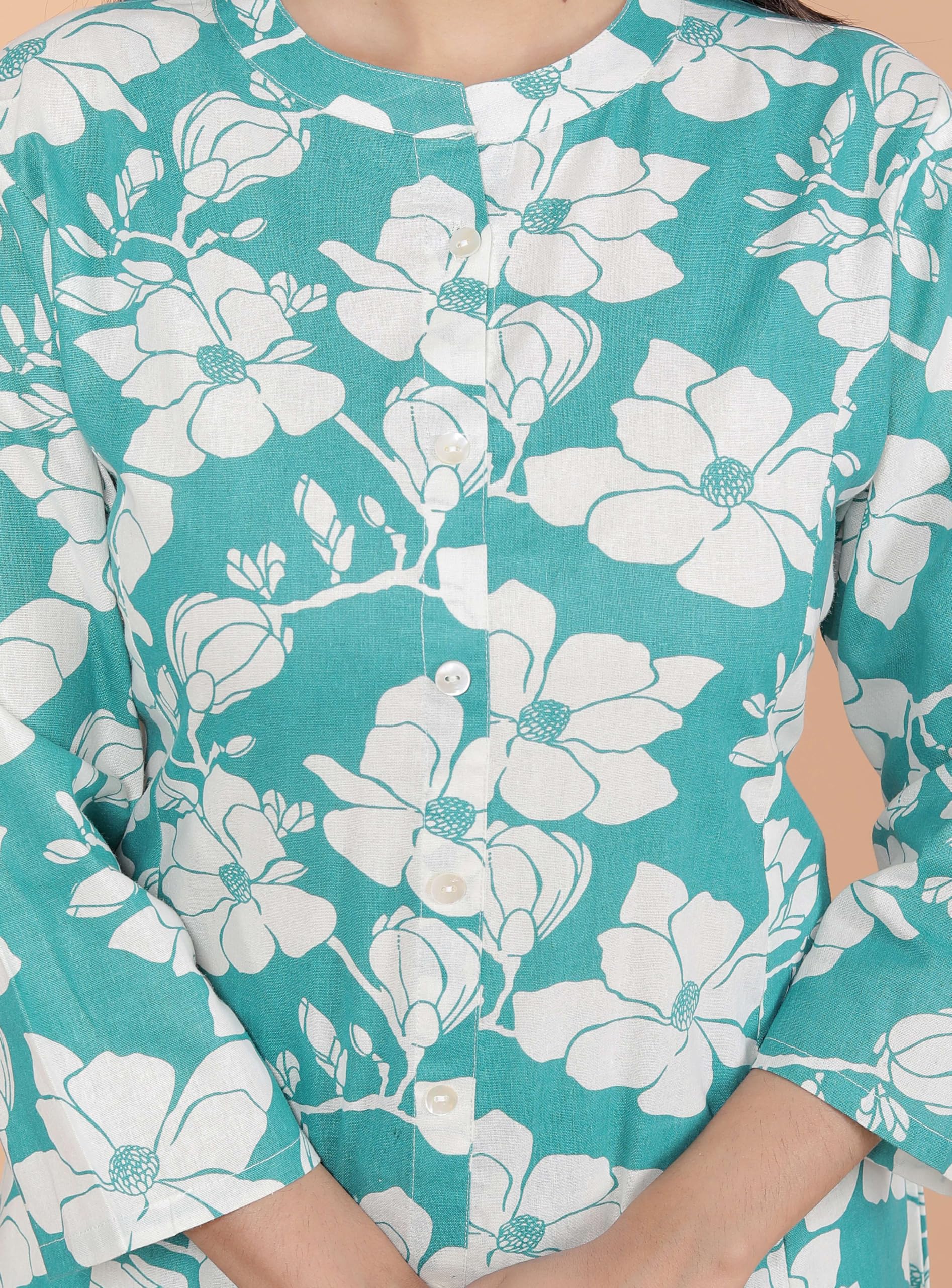 AshLova Women's Cotton Floral Printed Mandarin Collar A-Line Kurti with Pant (Sky Blue)